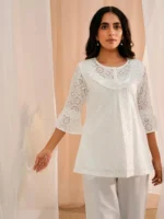 White Embroidered Cotton A-Line Kurti - Image 2