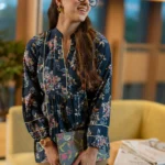 Blue Printed Silk Blend A-Line Short Kurti