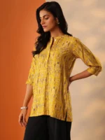 Yellow Printed Silk Blend Straight Short Kurti - Image 2