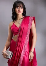 Rani Pink Silver Stonework Satin Saree - Image 3