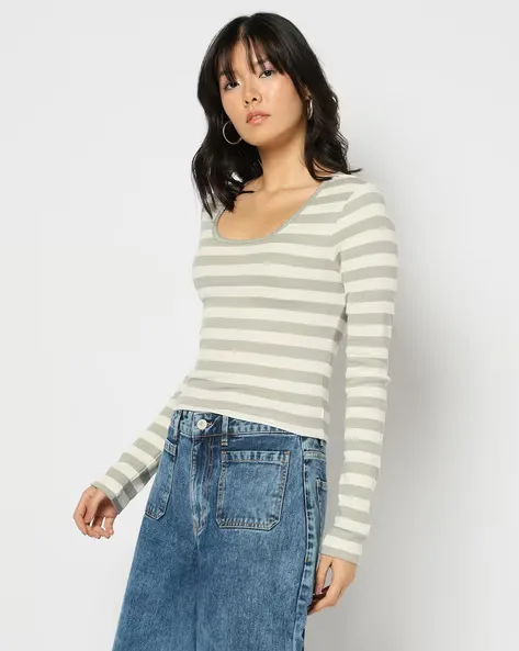 473Wx593H-443089811-ltgrey-MODEL2.webp Women Striped Crop Fit Top - Image 1